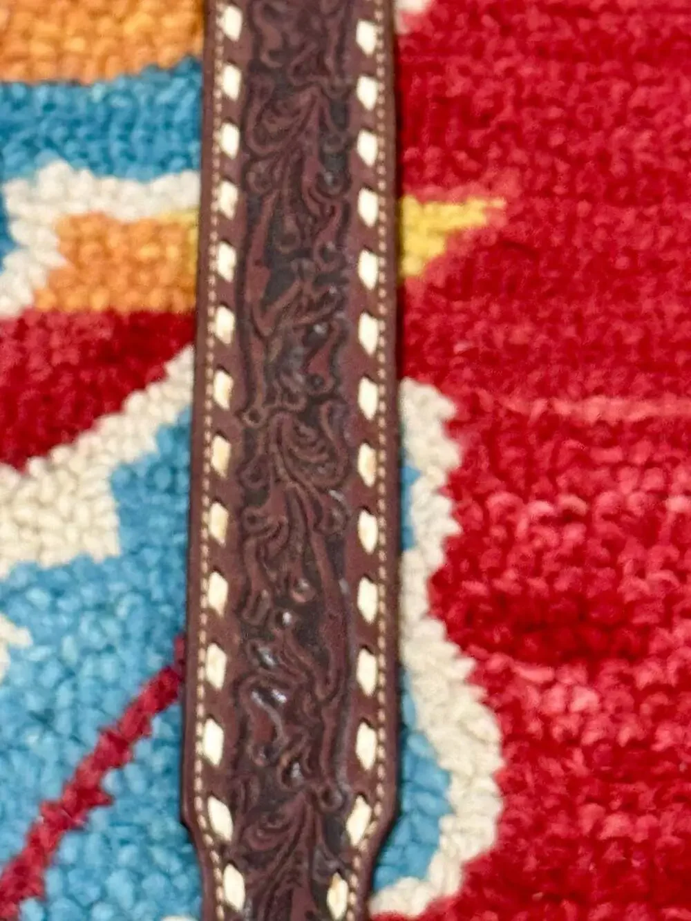 Nocona Belt  #876 Tooled Western Leather Belt w/ White Stitch Sz 34;No Buckle